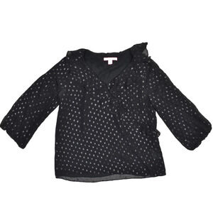 Trina Turk Women's Black & Silver Polka Dot V-Neck Ruffle Blouse Top Size L
